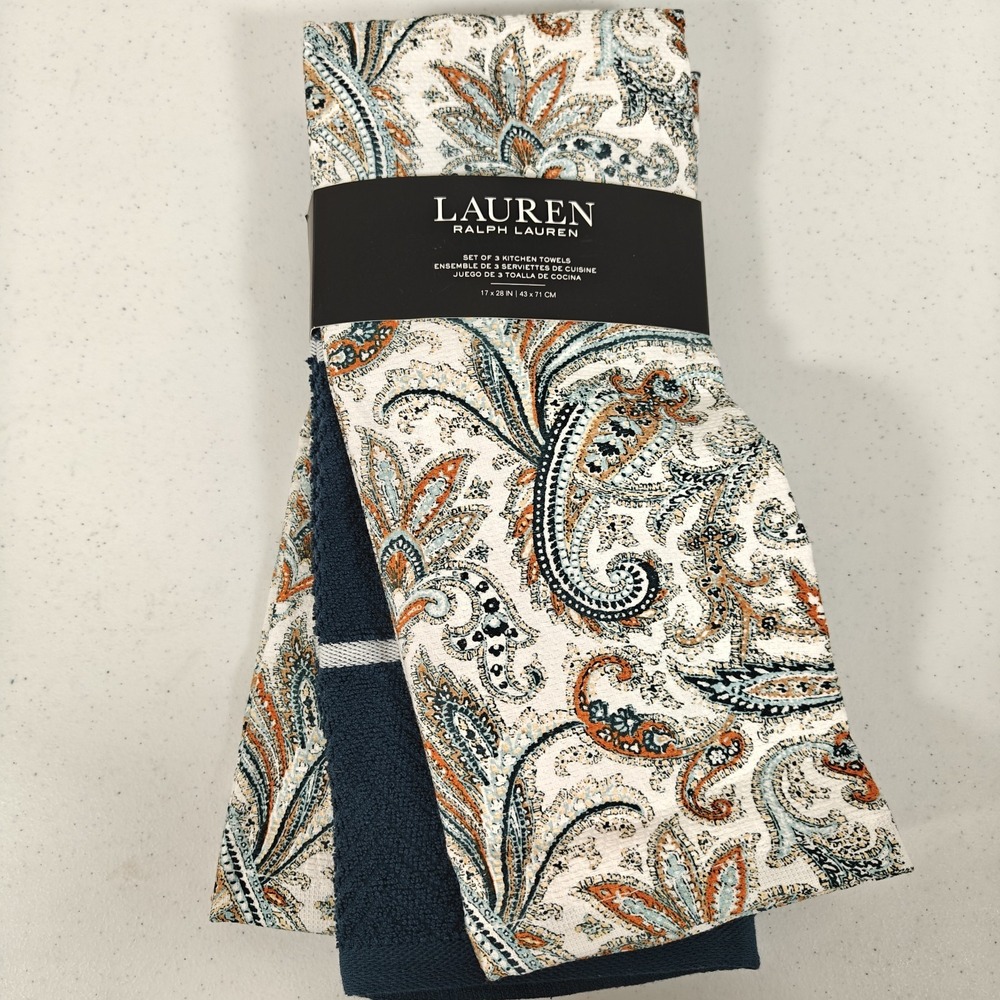 Ralph Lauren Kitchen Towels Set of 3 Cotton Paisley Blue Orange Cream 17x28" New